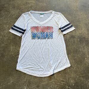 Wonder Woman Shirt Womens M White Sheer DC Comics Superhero Short Sleeve V Neck